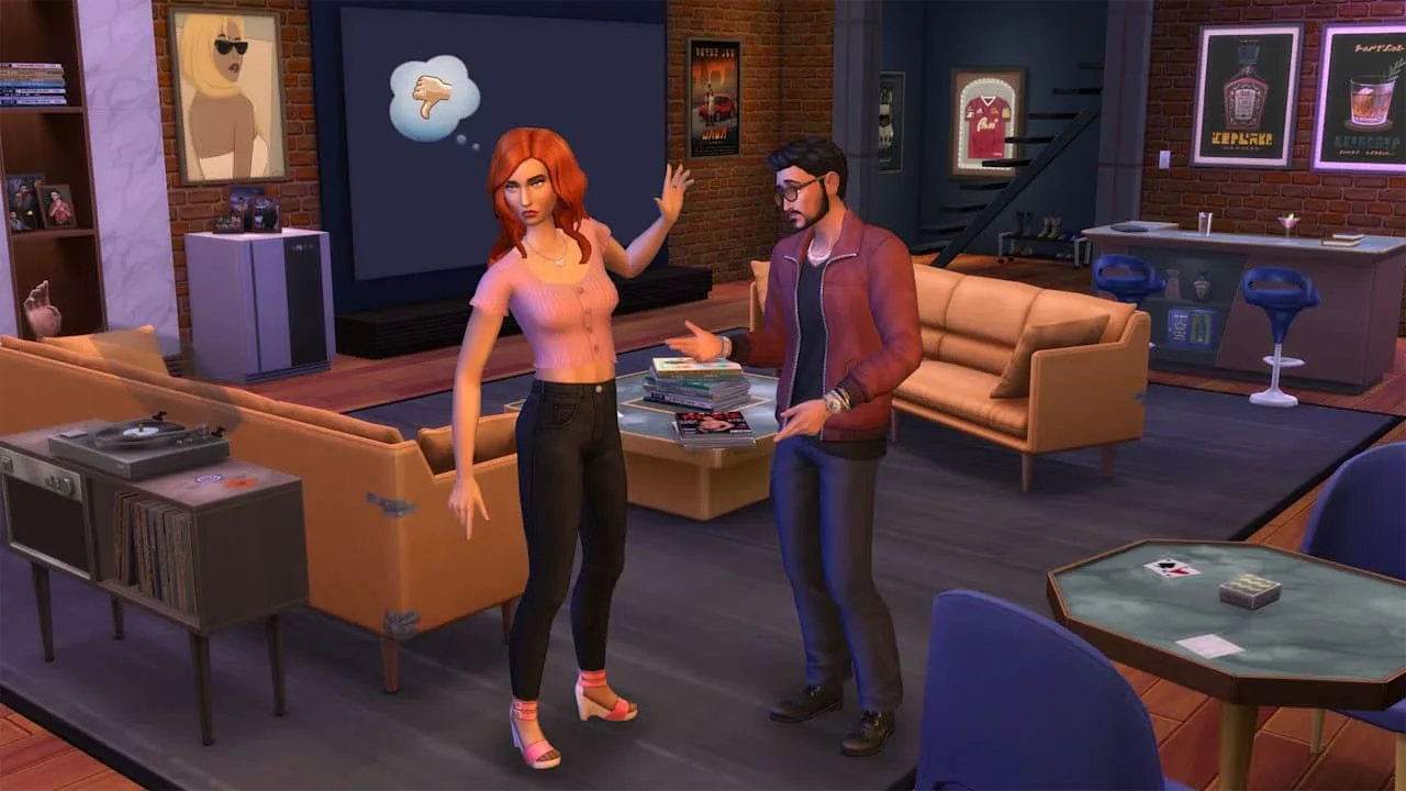 An angry-looking woman dismisses the advances of a man in a small apartment.