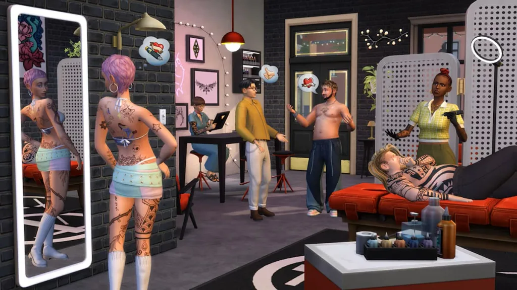 A group of Sims in a tattoo parlour, being tatooed, talking, drawing, tattooing, and admiring their reflection.
