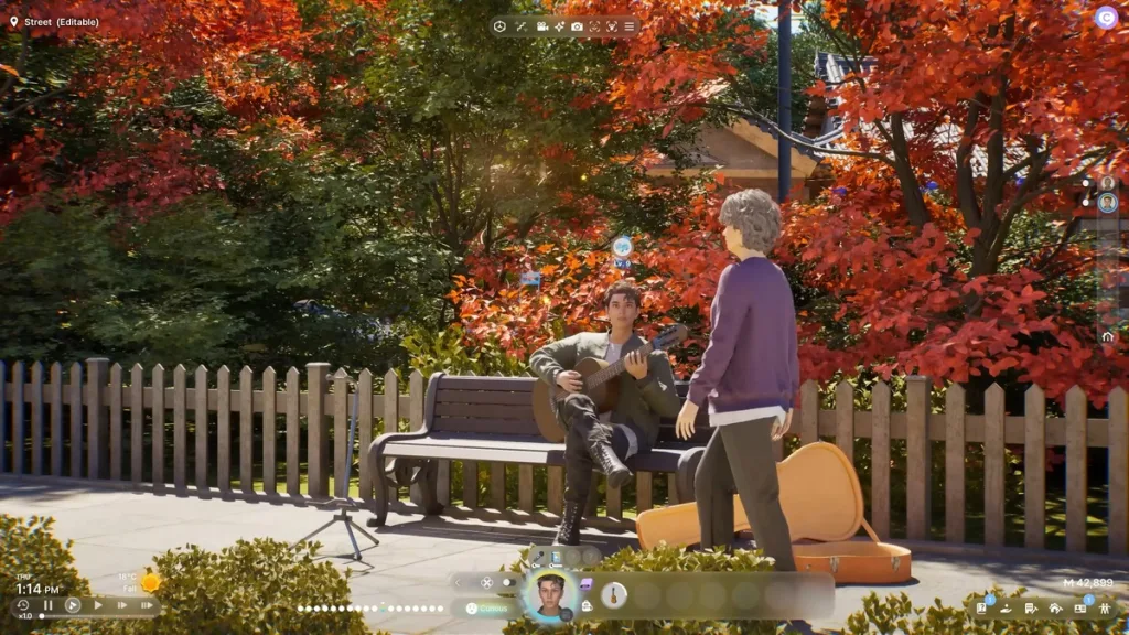 A Zoi walking down the street with another Zoi sat on the bench. The Zoi on the bench is playing an acoustic guitar and looking up at a passerby. There's orange and green leafy trees in the background, and a pavement underneath them, and a picket fence behind.