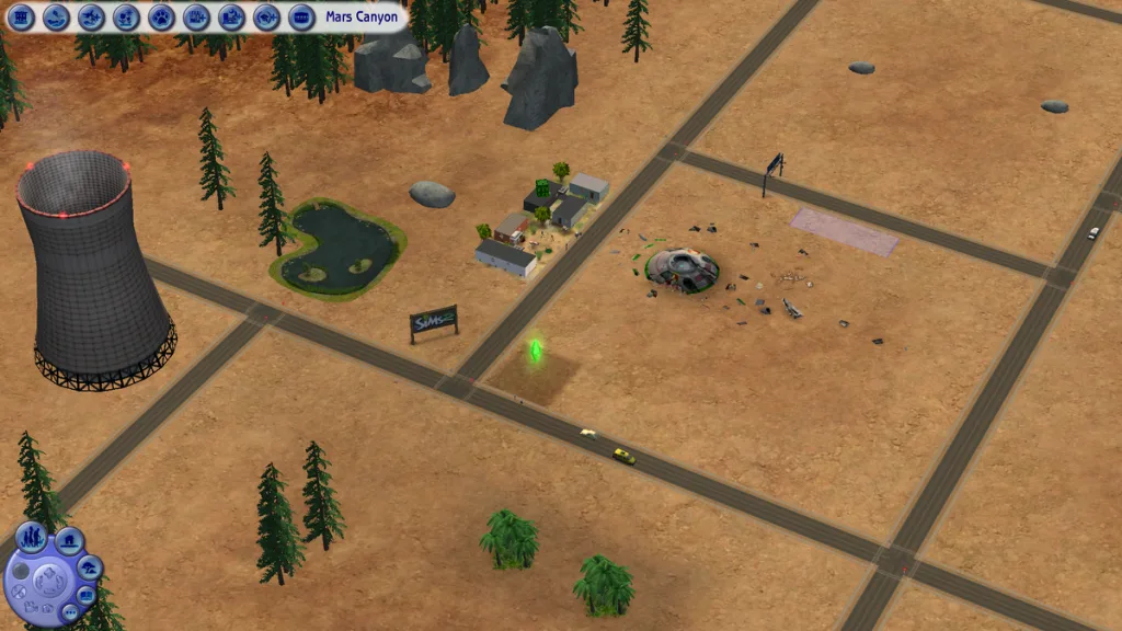 An overview of a custom neighbourhood in The Sims 2. It's a desert world with a dustry orange flooring, and a square road grid. A steam pipe can be seen alongside a caravan park, a couple of empty lots, a pond, fir trees, a crashed UFO, and dinosaur bones.