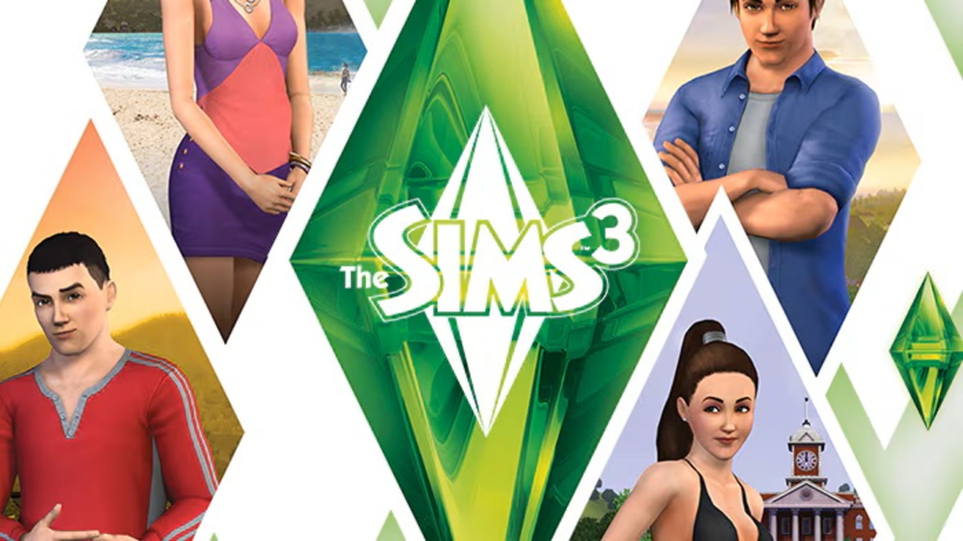 A graphic showing many Sims from The Sims 3 in plumbob-shaped cutouts, with a large green plumbob (diamond) in the middle with The Sims 3 logo on it.