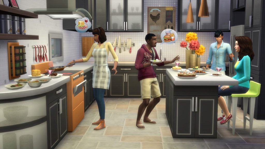 Four Sims in the Cool Kitchen Stuff Pack hanging out in a kitchen with loads of plates of food around them. Three of them are talking while one cooks. One is sat down at a green barstool.