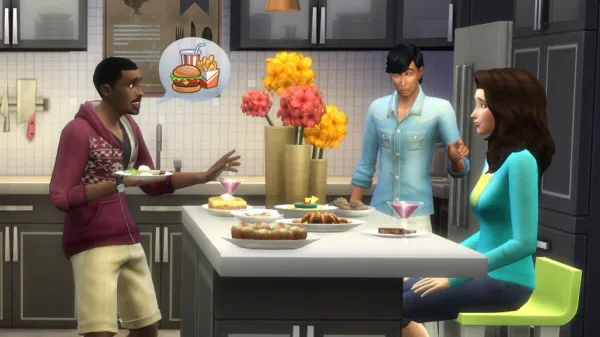 Three Sims in a cluttered kitchen. One is talking about food while two face him and listen. They're all wearing bright colours, and there's a kitchen counter between them covered in dishes and flowers.