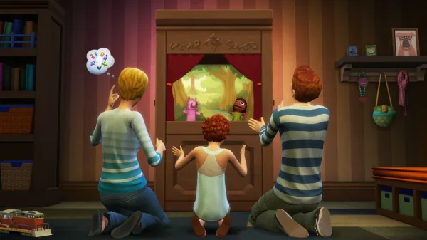 A family of Sims play with a puppet show together, all with their backs to the camera.