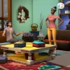 A group of Sims doing laundry and folding clothes in a rustic home in The Sims 4: Laundry Day Stuff.