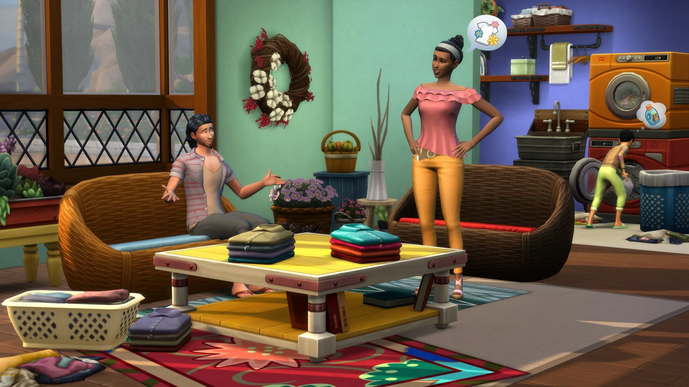 A group of Sims doing laundry and folding clothes in a rustic home in The Sims 4: Laundry Day Stuff.