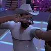 A Sim dancing in a nightclub, taking a selfie with his hands in a peace sign while waring a cowboy hat.