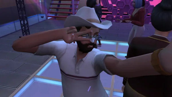 A Sim dancing in a nightclub, taking a selfie with his hands in a peace sign while waring a cowboy hat.