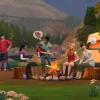 A large number of Sims at a campfire in The Sims 4 Outdoor Retreat singing songs and camping in the forest.