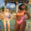 A bunch of Sims at a pool party stood around talking to each other in swimwear and summer clothes. One Sim stands right at the front looking into the camera with her hand on her hip. She's wearing a pink swimsuit and is looking into the camera.