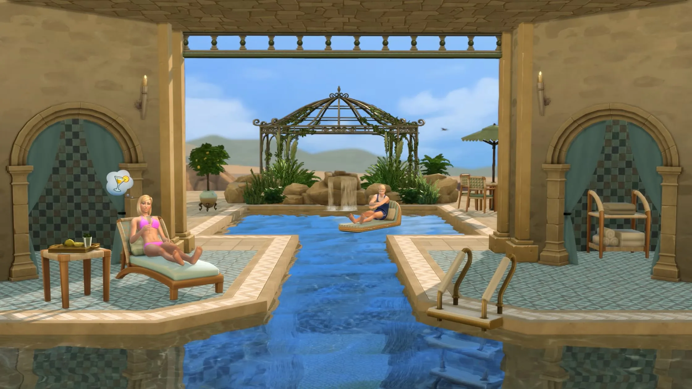 Nancy Landgrabb and Geoffrey Landgraab by the pool in Oasis Springs in The Sims 4. Geoffrey is floating on an inflatable while Nancy lies on a lounger by the pool thinking about a martini. The pool furnishings are all beige, blue, and tiled.