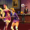Sims having a costume party in The Sims 4, some stood at a bar while others talk in the front, all in costumes. There's a fairy, skeleton, gladiator, pirate, jack-o-lantern, and a superhero.