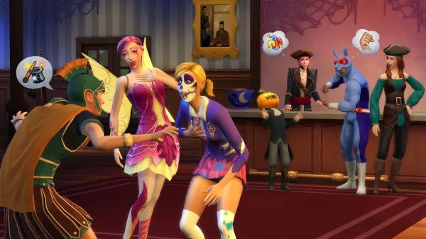 Sims having a costume party in The Sims 4, some stood at a bar while others talk in the front, all in costumes. There's a fairy, skeleton, gladiator, pirate, jack-o-lantern, and a superhero.