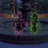 Two ghost Sims sat on a fountain in Ravenwood having a chat. One is pink, signifying she's flirty, while the other is green.