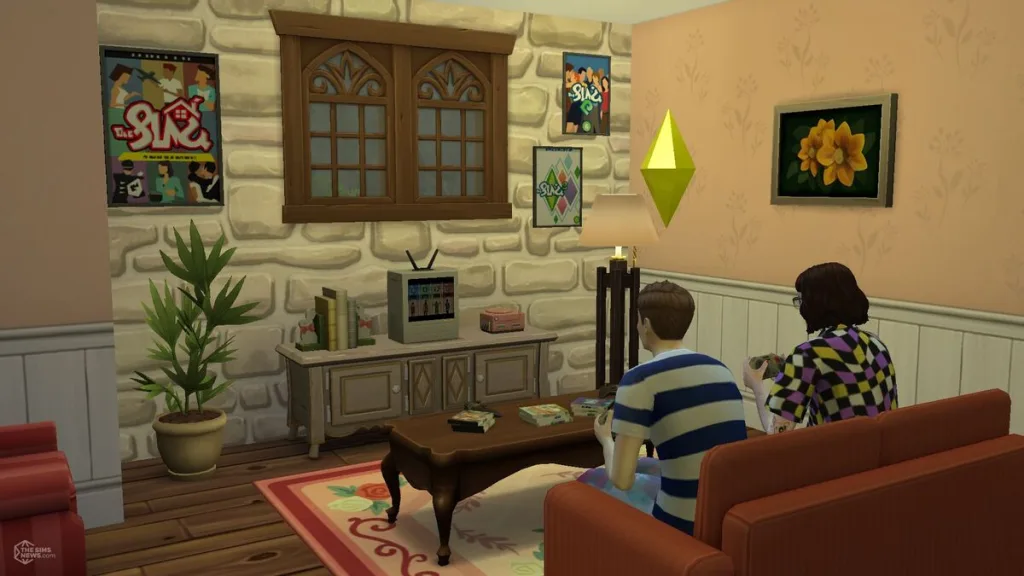 A shot from behind showing two Sims sat gaming on a couch. They're facing a TV with clutter lying around from the LilSimsie Cosy Gamer kit.