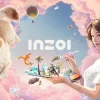 A picture of a girl on a pastel cloud background with a cat on the opposite side of her.