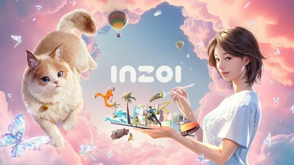 A picture of a girl on a pastel cloud background with a cat on the opposite side of her.