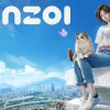 A picture of a girl and a cat sat on a building ledge, the girl is smiling, and there is a dark blue sky background.