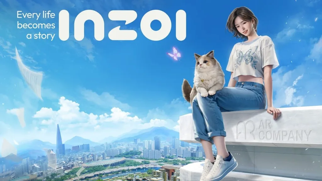 A picture of a girl and a cat sat on a building ledge, the girl is smiling, and there is a dark blue sky background.