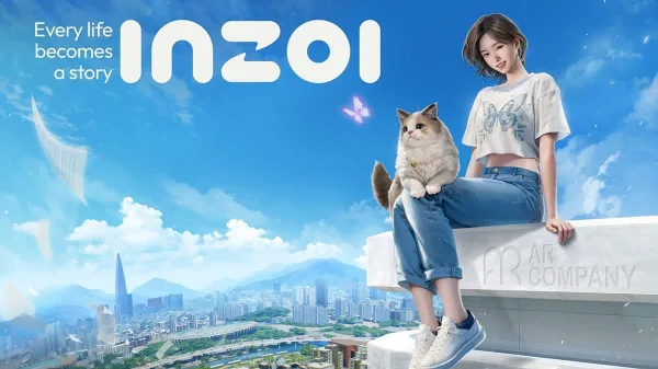 A picture of a girl and a cat sat on a building ledge, the girl is smiling, and there is a dark blue sky background.