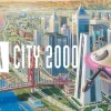 A picture of a ufo cruising over a city in a realistic but colourful style.
