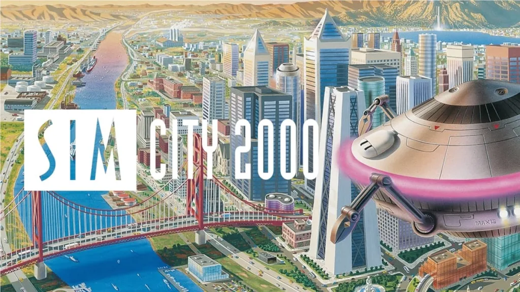 A picture of a ufo cruising over a city in a realistic but colourful style.