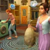 A picture of a woman holding a sack and a man operating a washing machine.