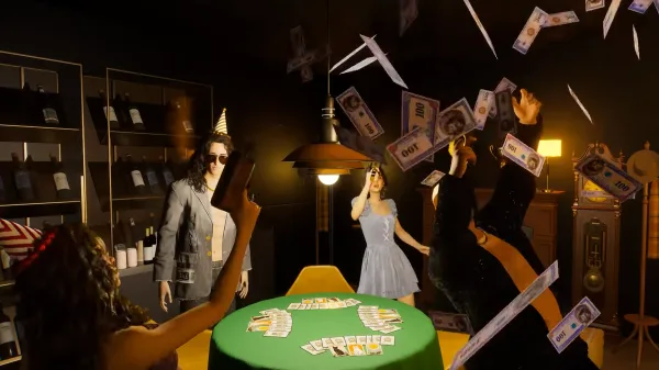 A group of Zois in InZOI playing poker and using a money machine to fire money around a dimly lit room. They have party hats on.