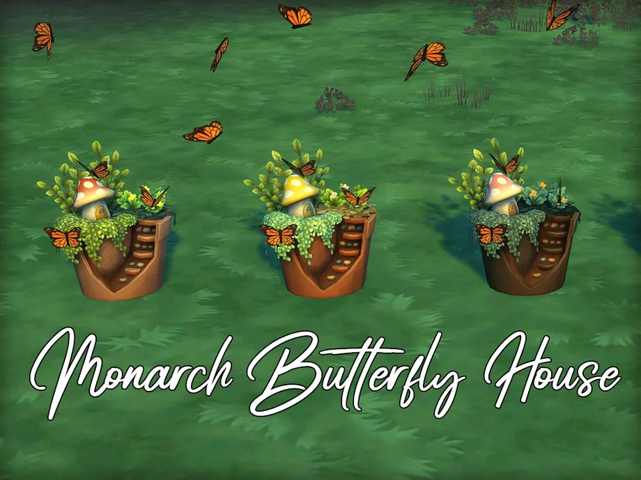 Three plantpots in a row with little mushroom 'houses' on them, green plants, and terracotta 'steps'. Loads of large orange monarch butterflies are circling them. It's on a green, grassy background. They're made by Naunakht.