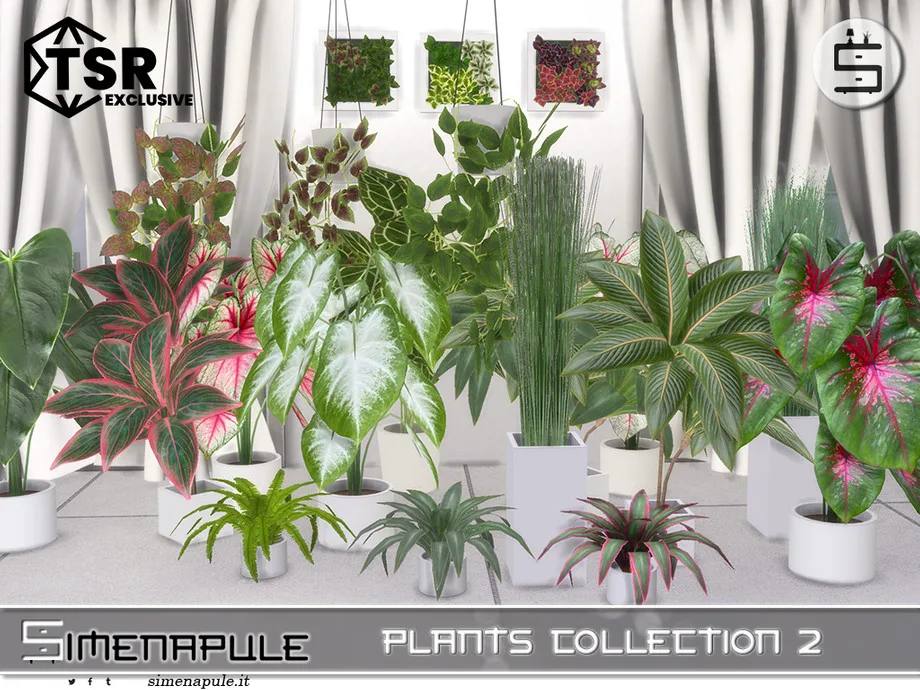 A large selection of plants in The Sims 4 made by Simenapule. Large ferns, philodendrons, and caladiums, and tall grasses are all visible in shades of green and pink.