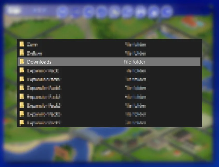 The downloads folder in The Sims 1 program files. The other items in the list are blurred except for the downloads folder. The backdrop is a blurred version of the Sims 1 neighbourhood map.