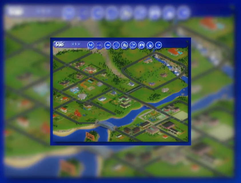 A double-layer image of The Sims 1 map neighbourhood. The background is blurred. It's a green suburban map with a lot of houses, a river, a bridge, a public downtown area, and a sign that says The Sims.