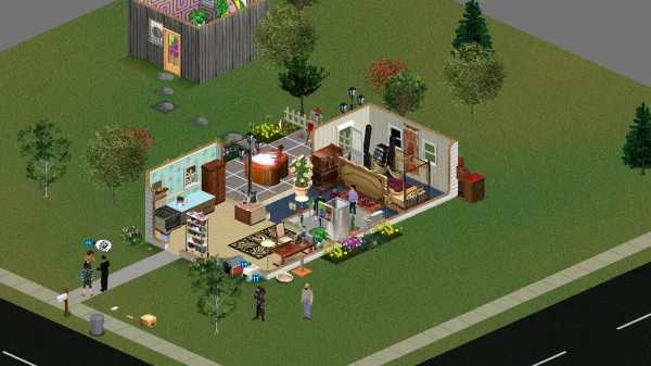 A birds-eye shot of a house party in The Sims 1 showing a decorated version of the Newbie household. A lot of Sims are there in hot tubs, petting cats, talking to each other, and drinking coffee.