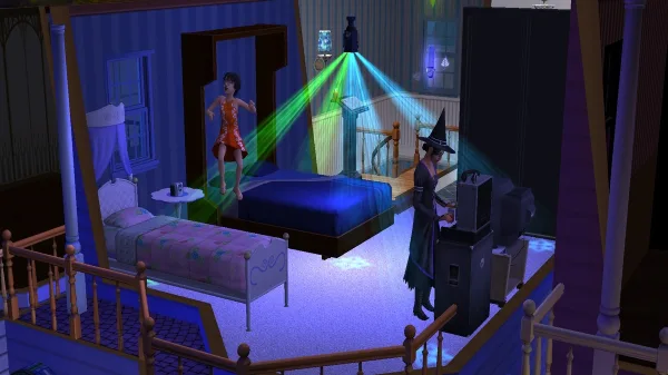 A bedroom in The Sims 2 in an apartment. It's dark except for a green and blue party light. A child Sim in an orange dress is jumping on a single bed. An adult Sim is dressed as a witch playing a synthesiser.