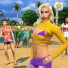 A group of Sims on an island beach in The Sims 4 all wearing brightly coloured clothes and pride items. A Sim stands in the front wearing yellow and purple, with long blond hair and blue-teal eyeshadow.
