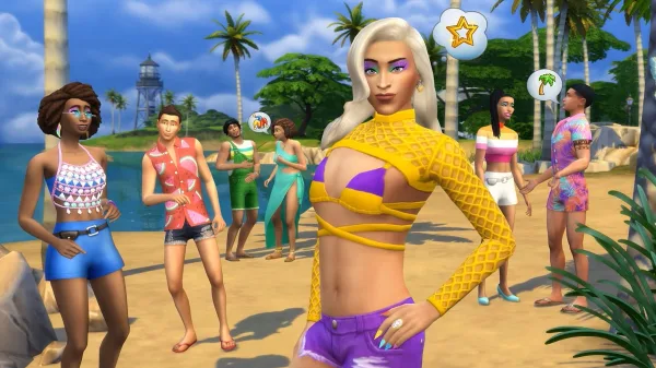 A group of Sims on an island beach in The Sims 4 all wearing brightly coloured clothes and pride items. A Sim stands in the front wearing yellow and purple, with long blond hair and blue-teal eyeshadow.