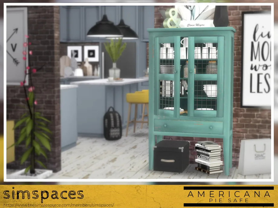 A large teal coloured kitchen cabineta with loads of clutter inside: mugs, plates, books, jars, and buckets. It's in a cluttered kitchen with brick walls, books, plants, and art prints, in The Sims 4. The item is made by Simspaces.