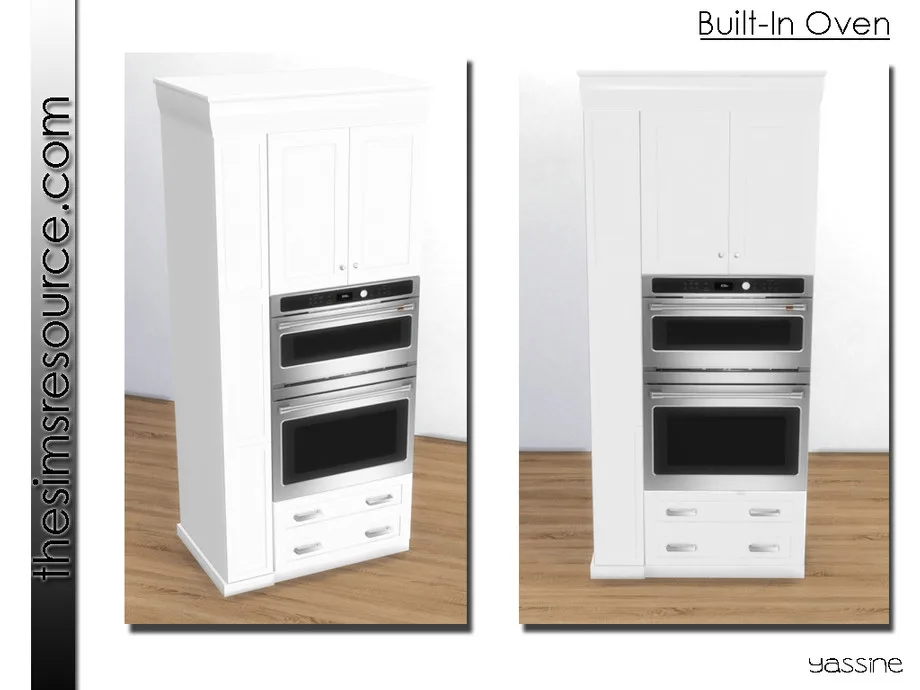 A built-in chrome oven in a tall white cabinet with drawers and cupboards in The Sims 4. It's made by Yassine.
