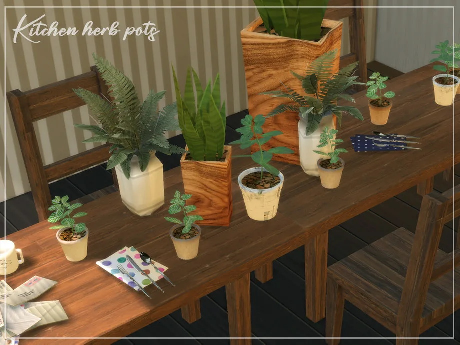 A selection of herbs and plants cluttering a kitchen table in The Sims 4. There are herbs, spider plants, and ferns, all in different sizes and pots or planters. They're made by Tokotomy.