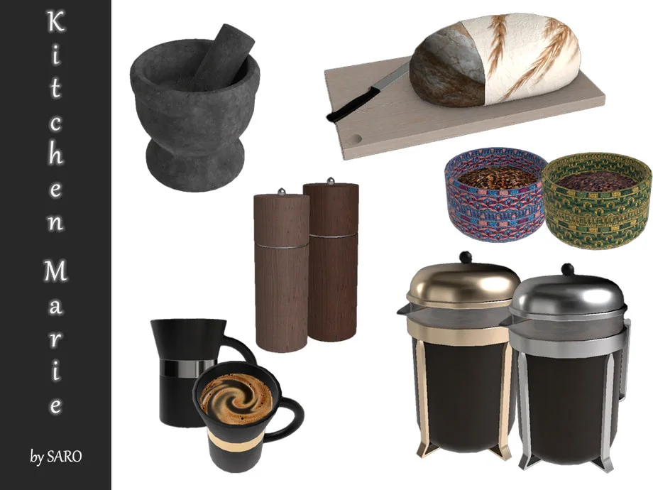 A collage of kitchen clutter for The Sims 4: a pestle and mortar, a bread loaf, chopping board, and knife, a set of salt and pepper grinders, two patterned bowls, two chrome coffee pots, and a black drip coffee maker. It was made by SARO/SSR99.