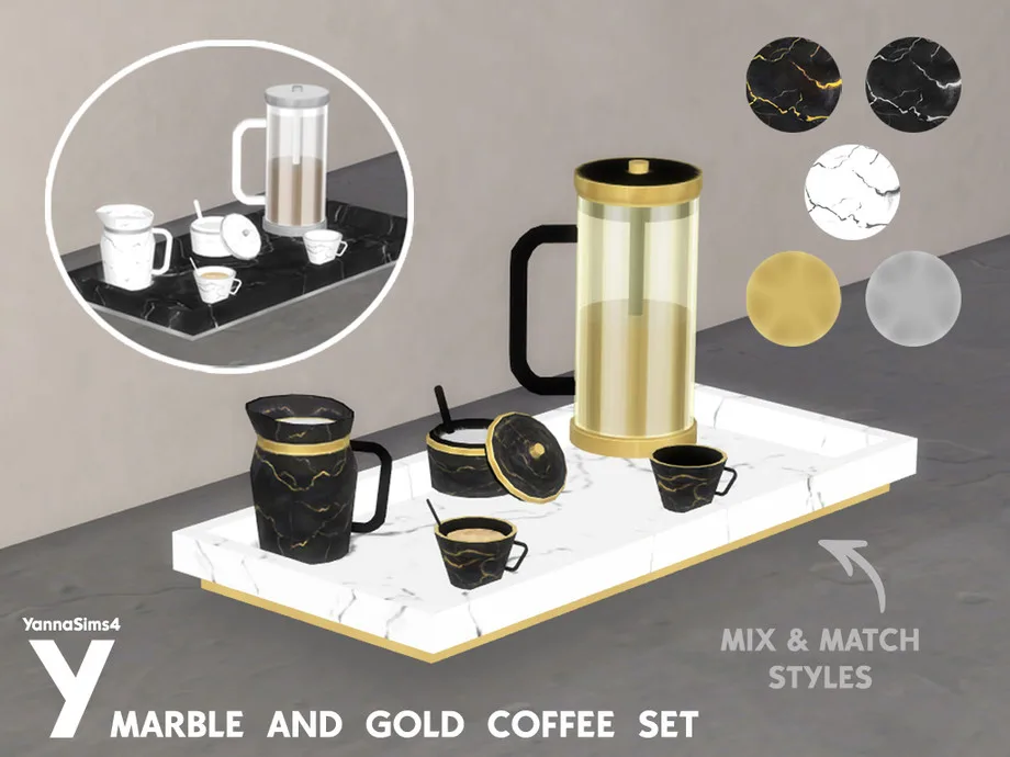 A marble tray with coffee-making tools on it, like a french press, mugs, a sugar bowl, and a jug of milk. It's made by YannaSims4.