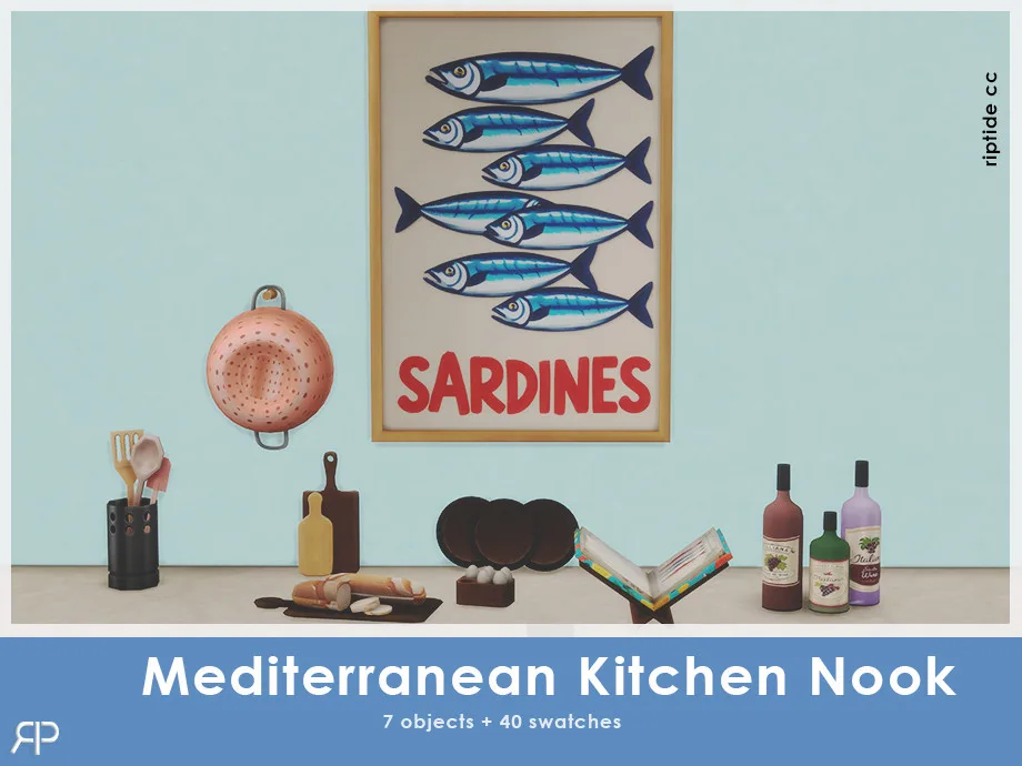 A cluttered kitchen in The Sims 4 on a light blue wall with bread boards, colanders, a utensils jar, plates, bread, a book, and wine bottles. It's made by Riptide CC.