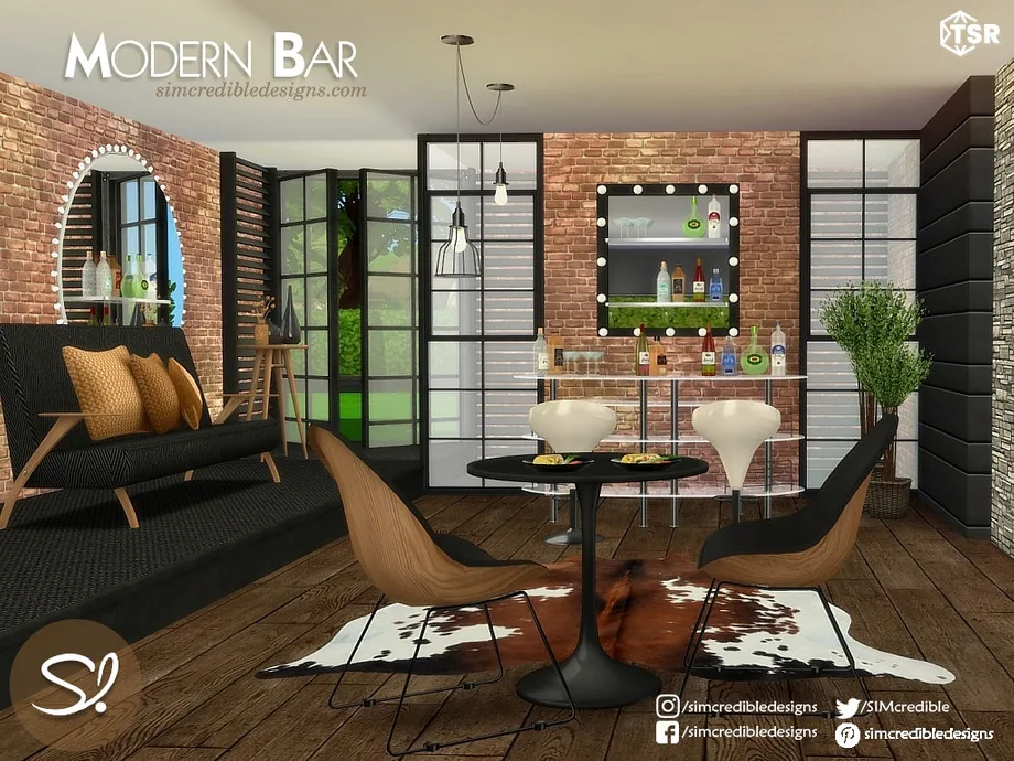 A cluttered bar space with brick walls and wooden plus black accents everywhere. The room has a cluttered bar in it covered in bottles and glasses. The set is made by Simcredible designs.