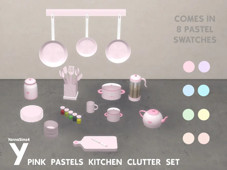 A large selection of kitchen clutter items for The Sims 4 made by YannaSims4. It's a collection of cute items with hearts on them as accents, like a teapot, coffee pot, spice jarsm and more. They're all light pink.