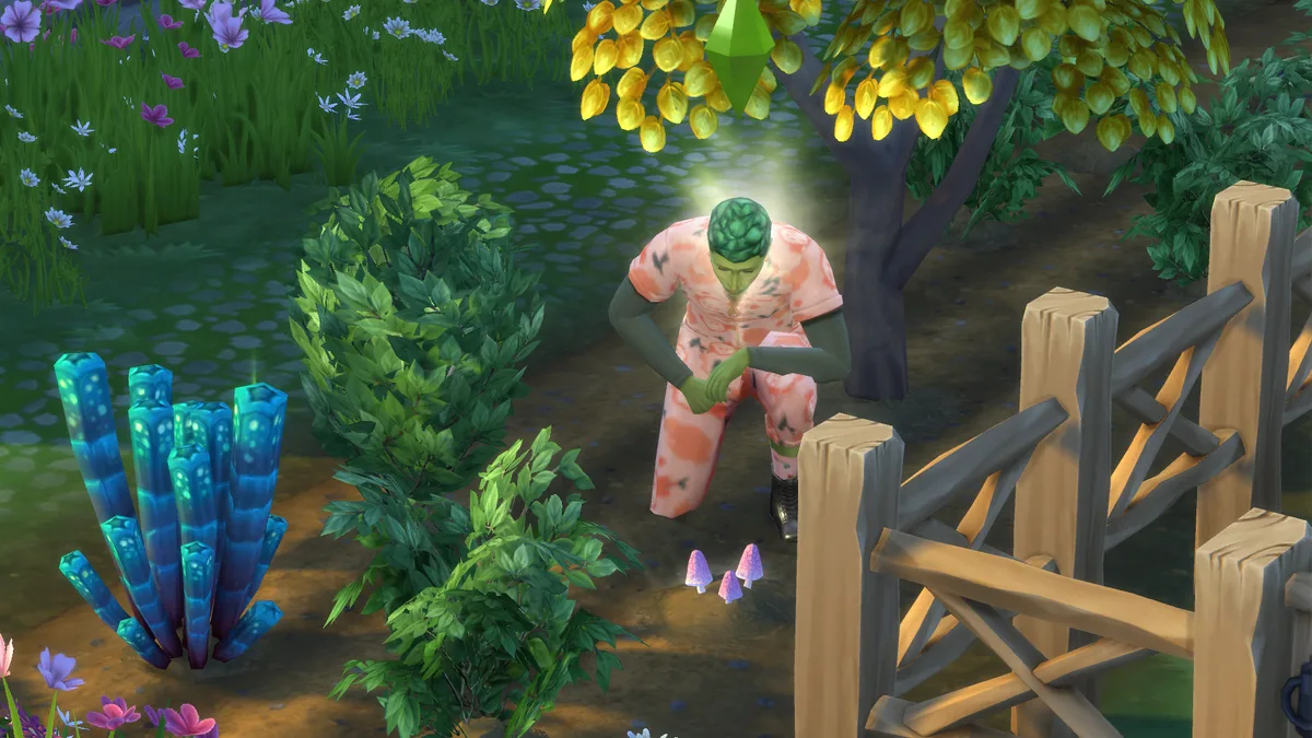 A green PlantSim with short green hair glowing and leaning down to talk to plants and mushrooms in The Sims 4. He's wearing a pink floral jumpsuit. A money tree and glow plant can be seen.