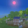 A green PlantSim in The Sims 4 seen from behind, running around in nature in Henford-on-Baggley. A pink sun hangs in the sky and a chicken coop and cottage can be seen.