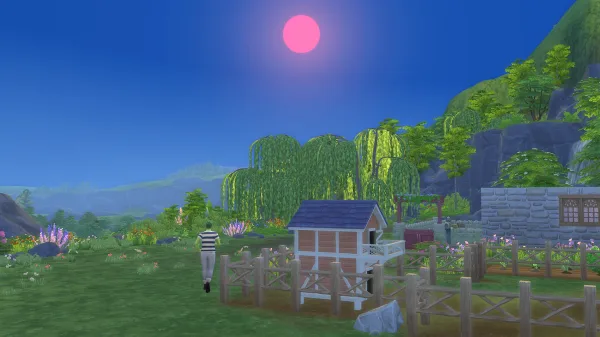 A green PlantSim in The Sims 4 seen from behind, running around in nature in Henford-on-Baggley. A pink sun hangs in the sky and a chicken coop and cottage can be seen.