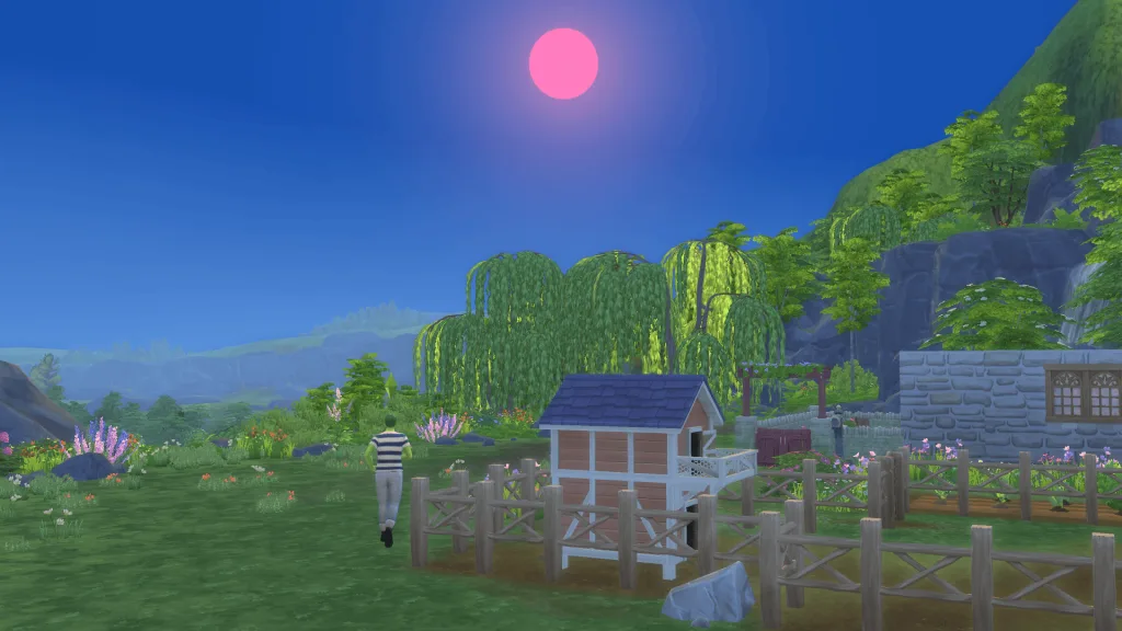 A green plant Sim wearing a stripey tshirt and jeans running around Henford on Bagley towards a huge pink sun on a blue sky. There's a lot of nature nearby included big trees and flowers.