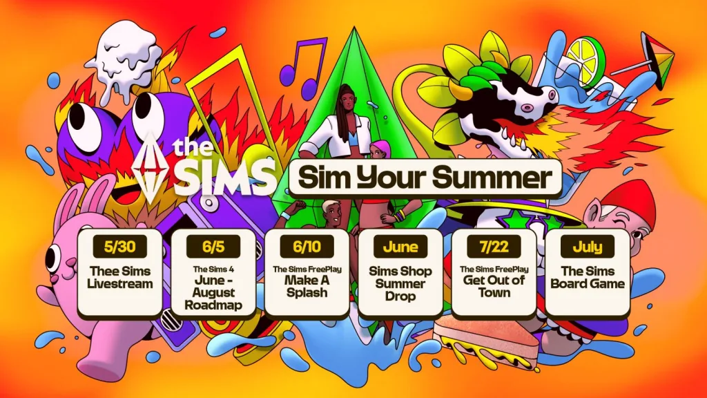 The full Sim Your Summer graphic from EA. It says The Sims: Sim Your Summer. 5/30, Thee Sims Livestream, 6/5 The Sims 4 June-August Roadmap, 6/10 The Sims FreePlay Make A Splash, June Sims Shop Summer Drop, 7/22 The Sims FreePlay Get Out Of Town, July The Sims Board Game. In the back is a flaming woohoo hearrt, a plumbob, the social bunny, a bunch of Sims in swimwear, a winking gnome, grilled cheese, a stereo, a cocktail, and a firebreathing cowplant.