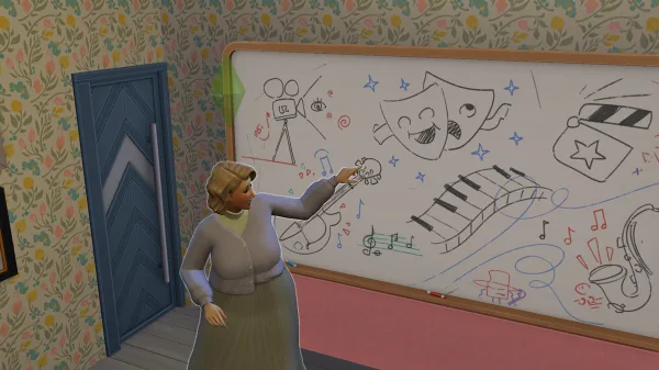 A Sim giving a lecture with a whiteboard in The Sims 4 businesses and hobbies. A floral wall is behind them with pink, blue, and yellow flowers, as well as a blue door. The whiteboard has pink trim and is covered in doodles of music and theatre-related things, like two dramatic masks and a keyboard.